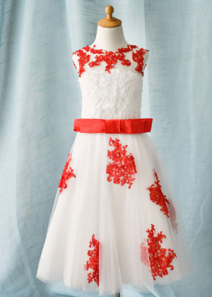 Beaded Red Lace Tulle Corset Back Knee Length Flower Girl Dress